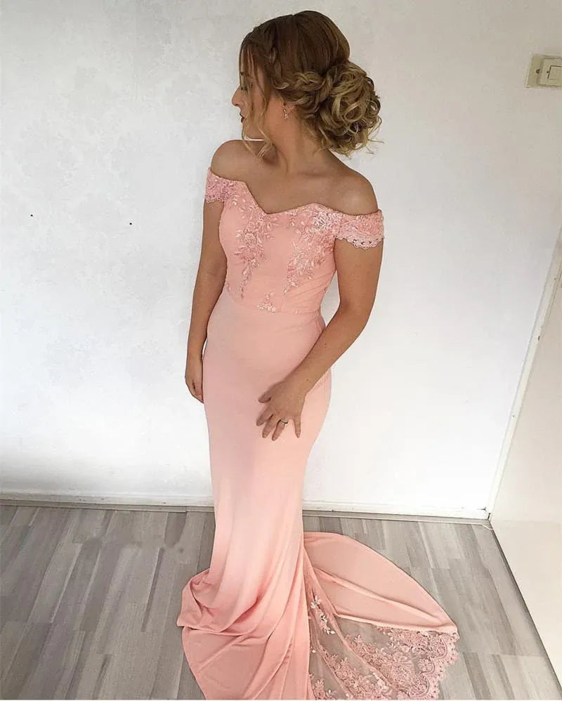 Elegant Off The Shoulder Lace Appliqué Mermaid Maxi Prom Dress with Sheer Tulle Train