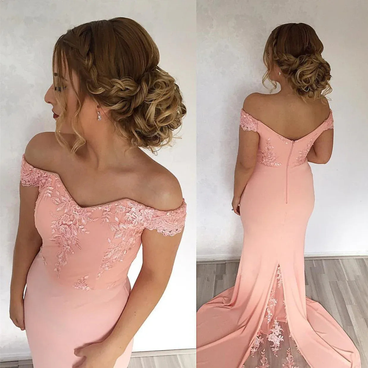 Elegant Off The Shoulder Lace Appliqué Mermaid Maxi Prom Dress with Sheer Tulle Train