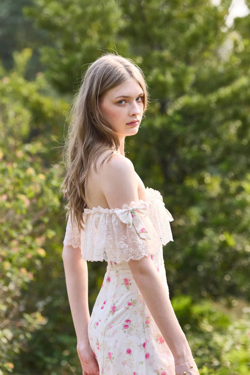 Elegant Off The Shoulder Lace Ruffle Floral Print Bow Detail Midi Prom Dress For Romantic Wedding Guest Garden Party