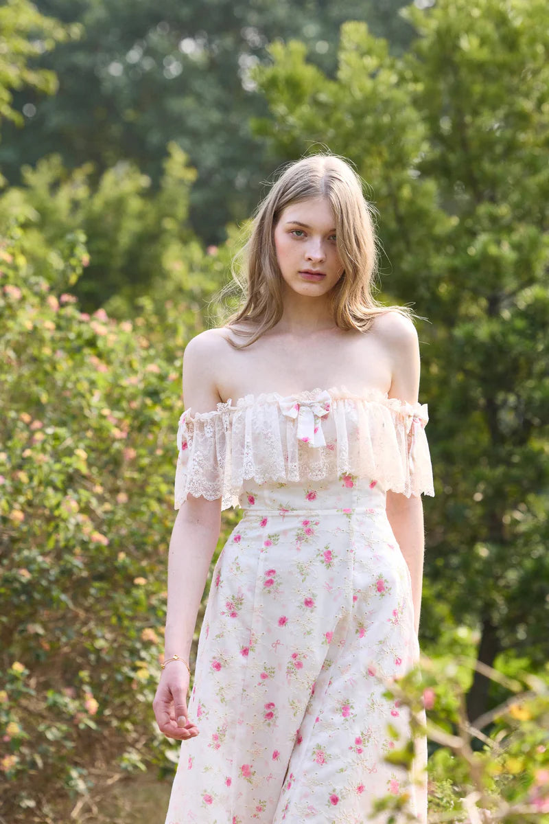 Elegant Off The Shoulder Lace Ruffle Floral Print Bow Detail Midi Prom Dress For Romantic Wedding Guest Garden Party