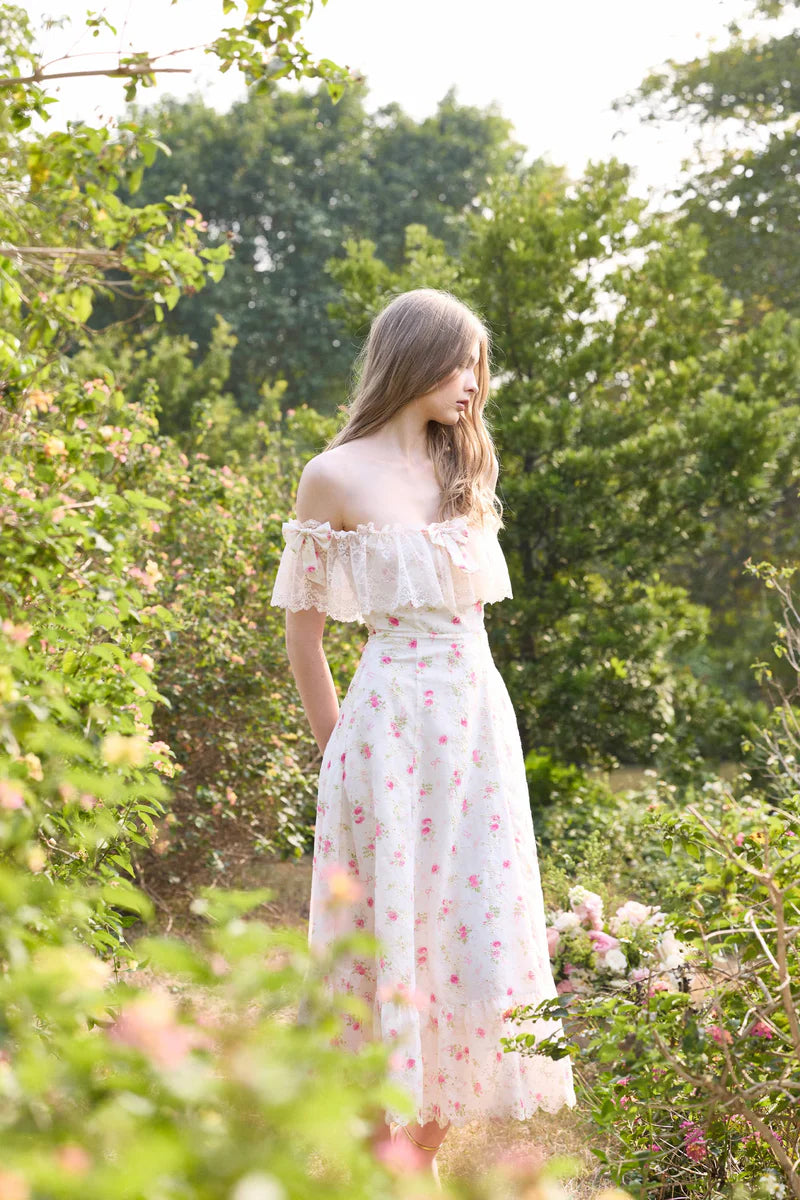 Elegant Off The Shoulder Lace Ruffle Floral Print Bow Detail Midi Prom Dress For Romantic Wedding Guest Garden Party