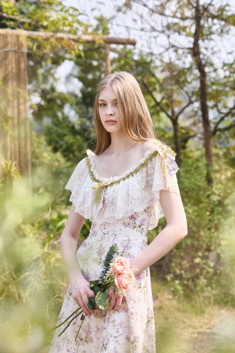 Elegant Off The Shoulder Lace Trim Floral Print Ruffle Midi Prom Dress For Formal Evening Wedding Guest Bridesmaid Cocktail Party