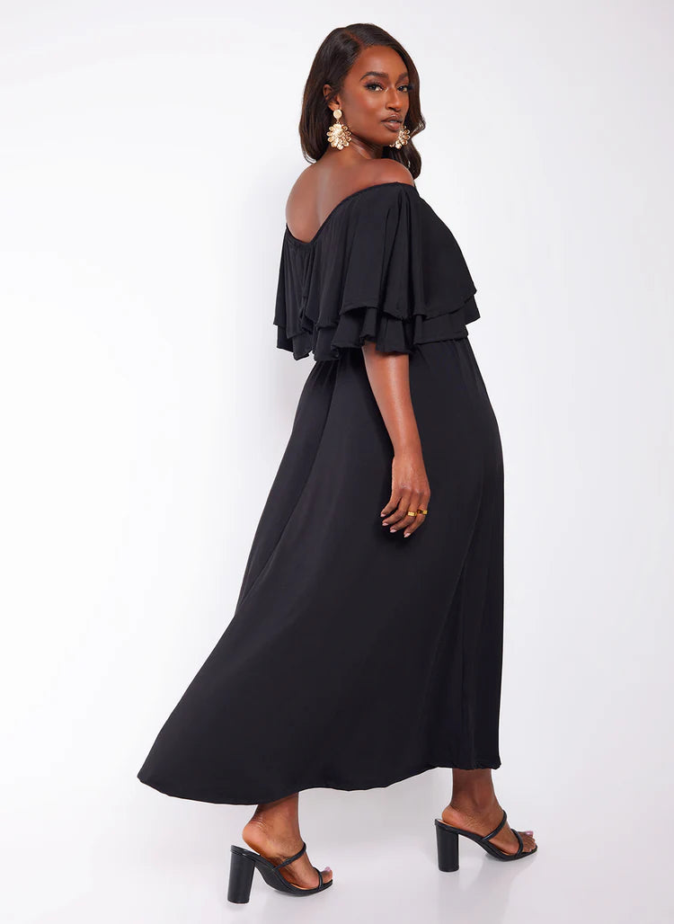 Elegant Off The Shoulder Layered Ruffle Trim Flowy Maxi Evening Dress