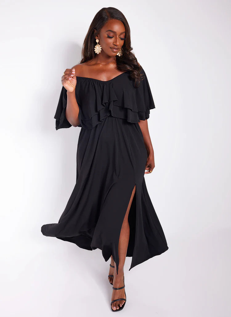 Elegant Off The Shoulder Layered Ruffle Trim Flowy Maxi Evening Dress