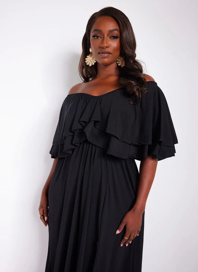 Elegant Off The Shoulder Layered Ruffle Trim Flowy Maxi Evening Dress