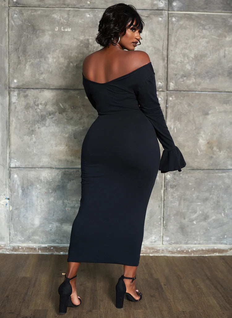 Elegant Off The Shoulder Long Flare Sleeve Stretchy Jersey Bodycon Midi Evening Dress