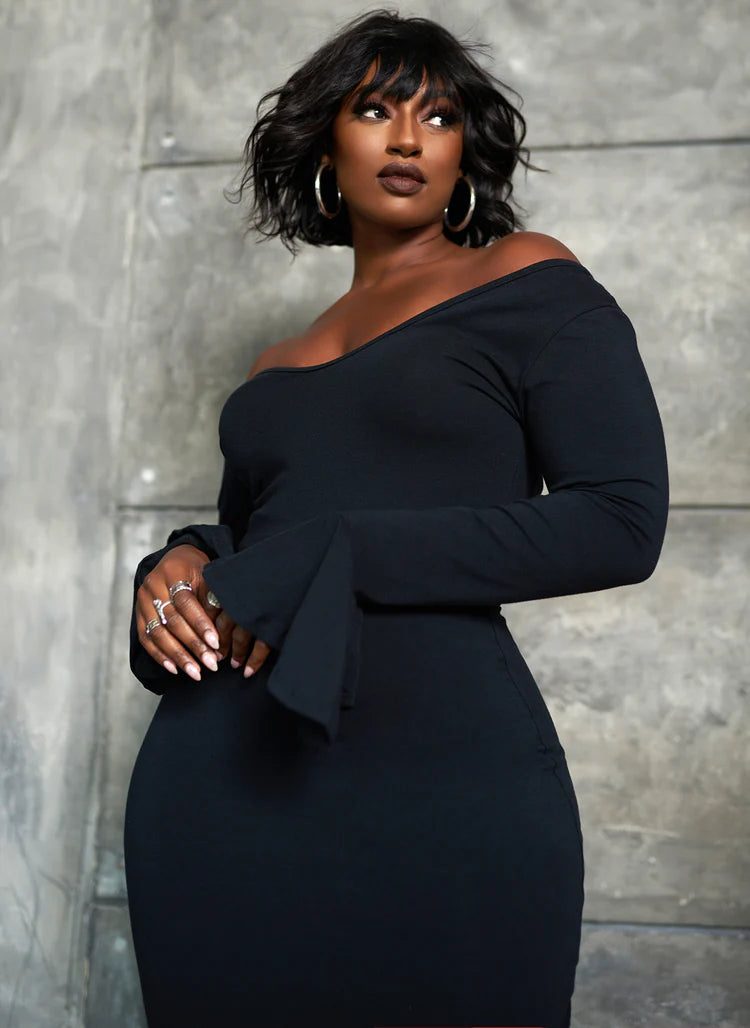 Elegant Off The Shoulder Long Flare Sleeve Stretchy Jersey Bodycon Midi Evening Dress