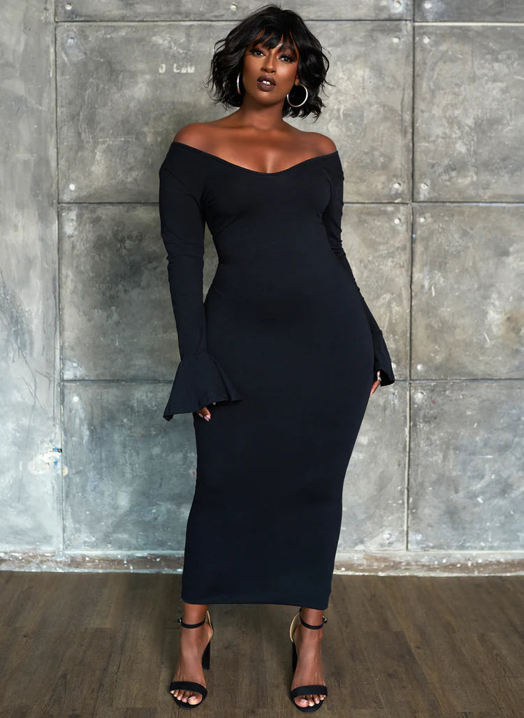 Elegant Off The Shoulder Long Flare Sleeve Stretchy Jersey Bodycon Midi Evening Dress
