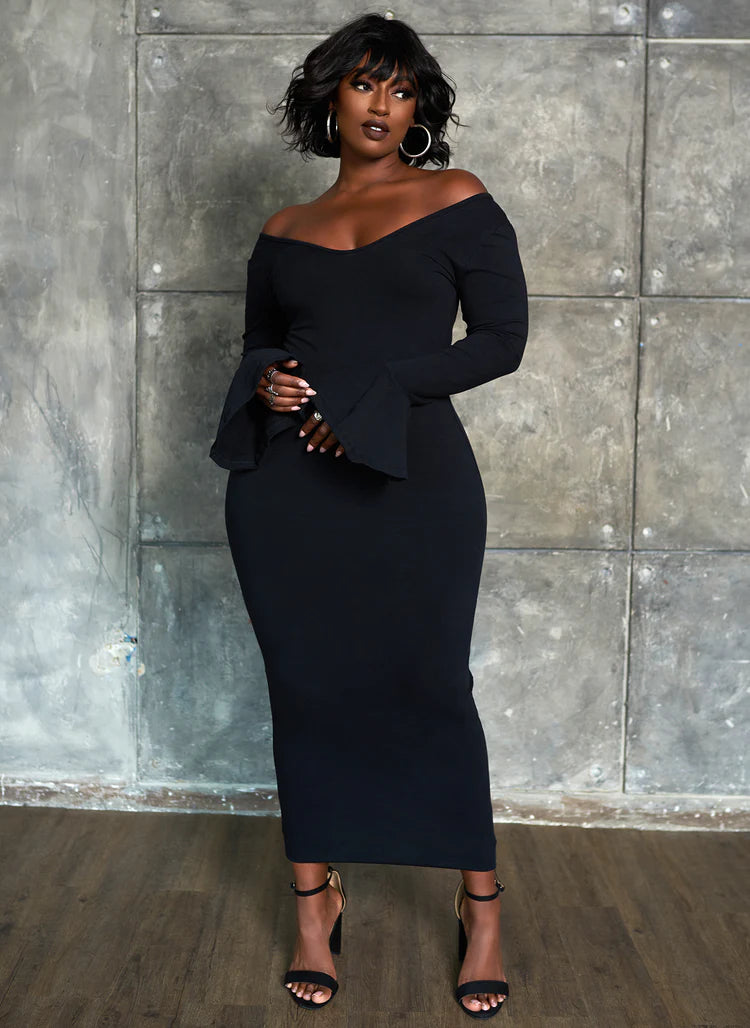 Elegant Off The Shoulder Long Flare Sleeve Stretchy Jersey Bodycon Midi Evening Dress