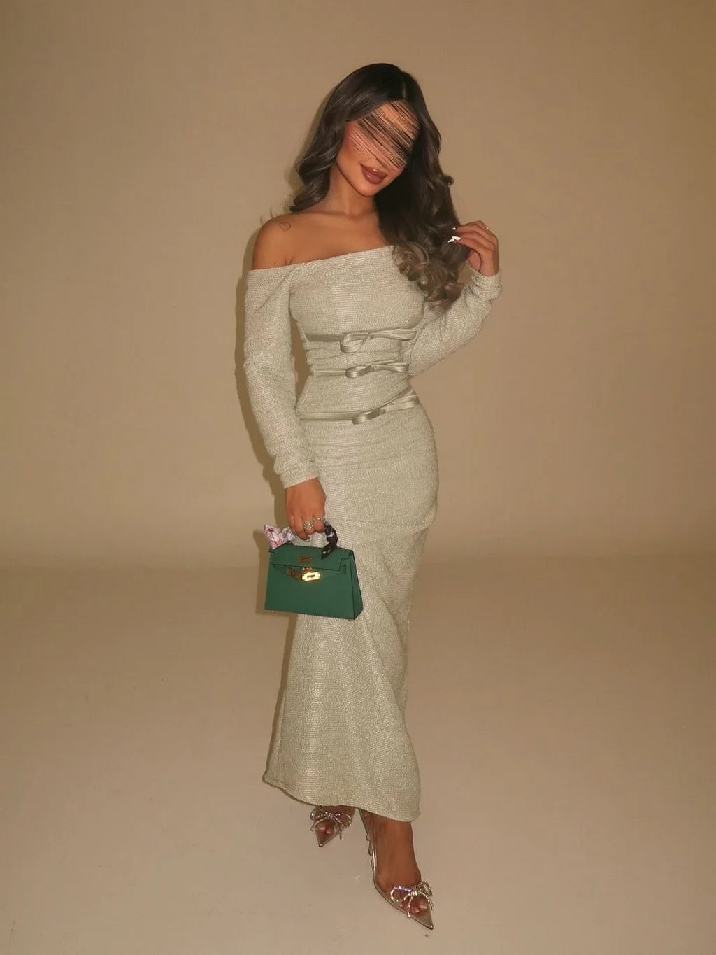 Elegant Off The Shoulder Long Sleeve Bow Detail Textured Knit Bodycon Maxi Prom Dress For Formal Evening Gala Cocktail Party Wedding Guest