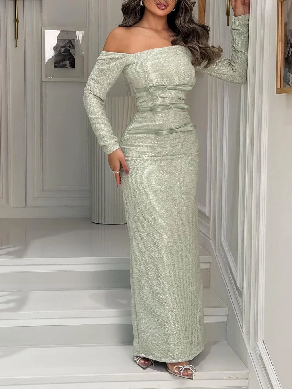 Elegant Off The Shoulder Long Sleeve Bow Detail Textured Knit Bodycon Maxi Prom Dress For Formal Evening Gala Cocktail Party Wedding Guest