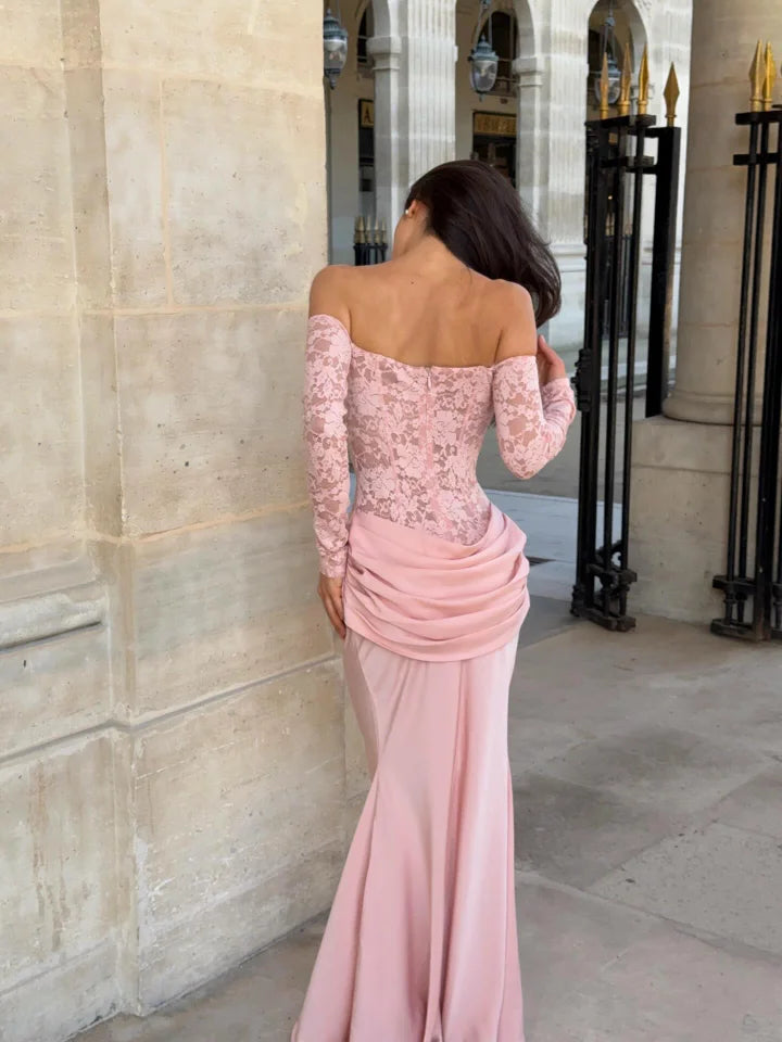 Elegant Off The Shoulder Long Sleeve Lace Bodice Draped Waist Satin Mermaid Maxi Prom Dress For Formal Evening Gala Wedding Guest Bridesmaid