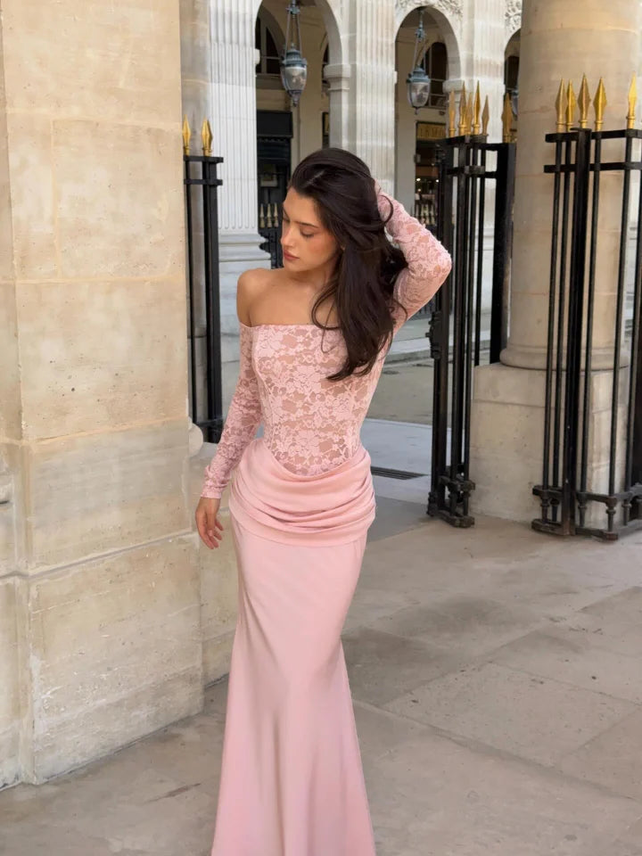 Elegant Off The Shoulder Long Sleeve Lace Bodice Draped Waist Satin Mermaid Maxi Prom Dress For Formal Evening Gala Wedding Guest Bridesmaid