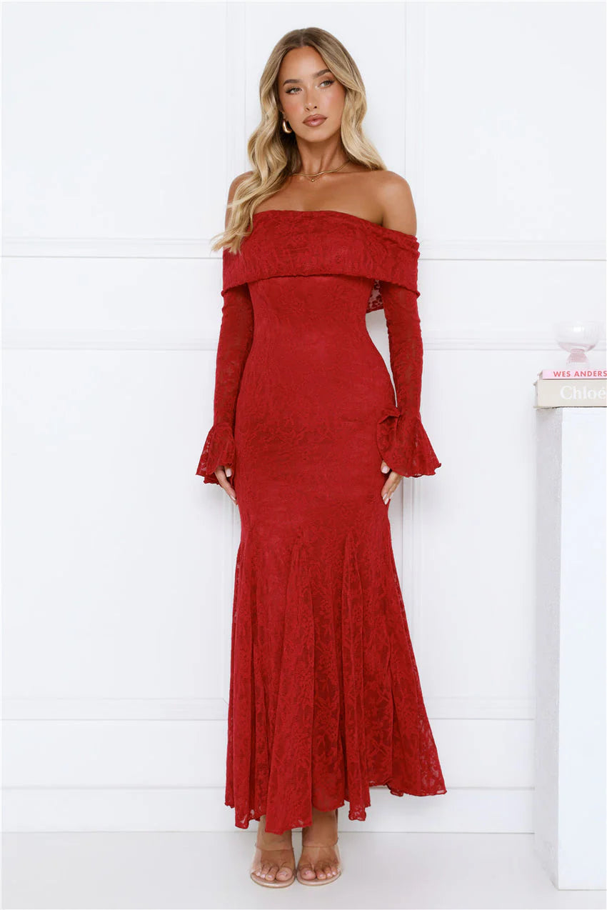 Elegant Off The Shoulder Long Sleeve Lace Detail Flounce Cuff Mermaid Maxi Evening Dress For Formal Evening Prom Wedding Guest Bridesmaid Cocktail Party Gala