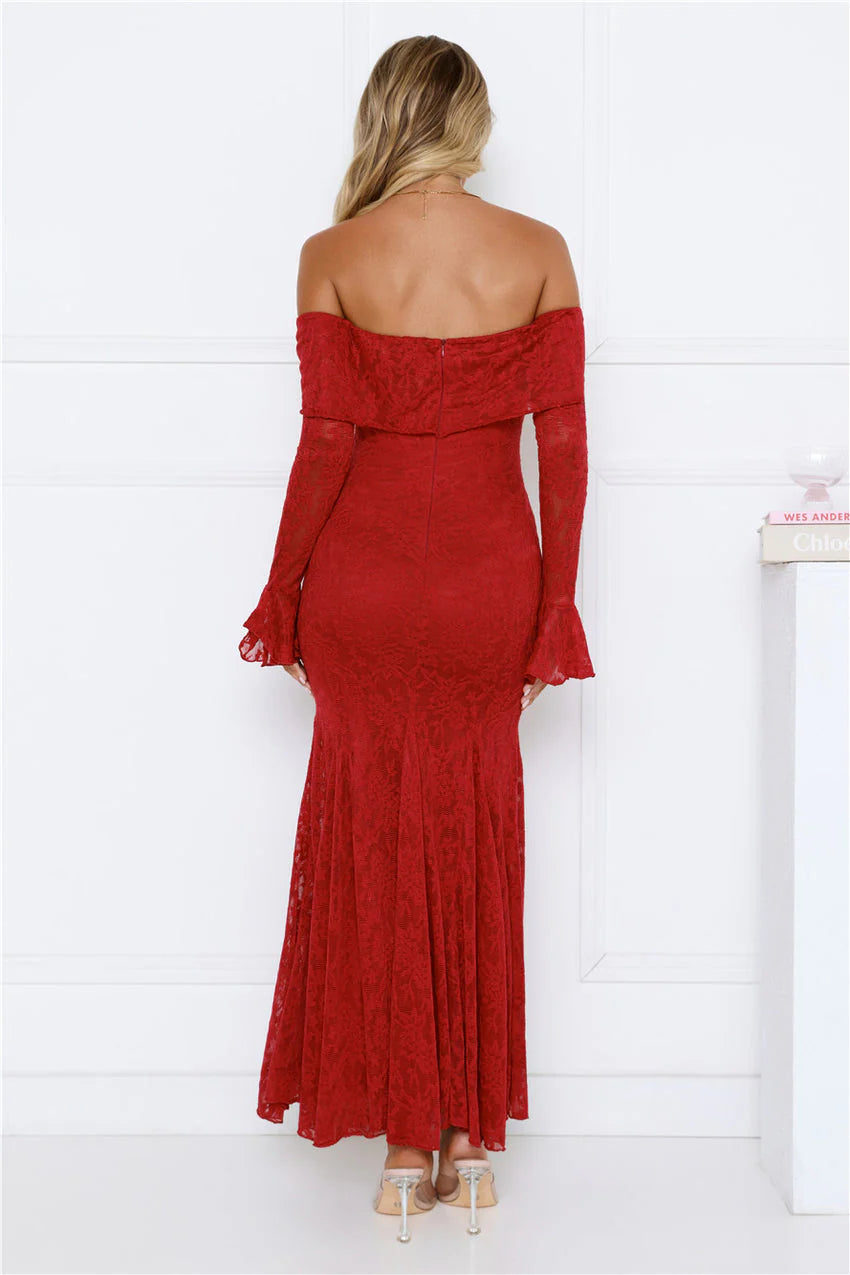 Elegant Off The Shoulder Long Sleeve Lace Detail Flounce Cuff Mermaid Maxi Evening Dress For Formal Evening Prom Wedding Guest Bridesmaid Cocktail Party Gala