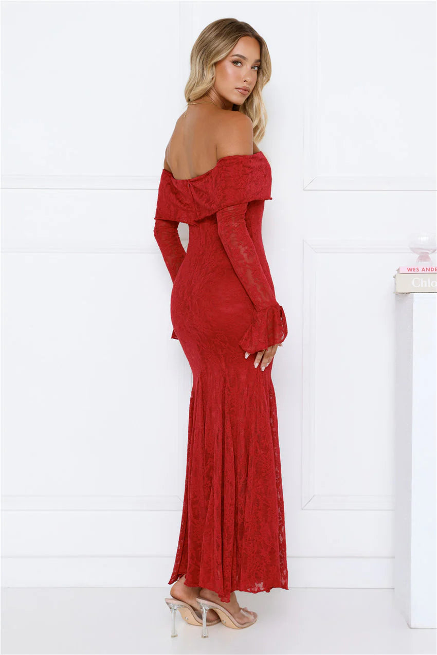 Elegant Off The Shoulder Long Sleeve Lace Detail Flounce Cuff Mermaid Maxi Evening Dress For Formal Evening Prom Wedding Guest Bridesmaid Cocktail Party Gala