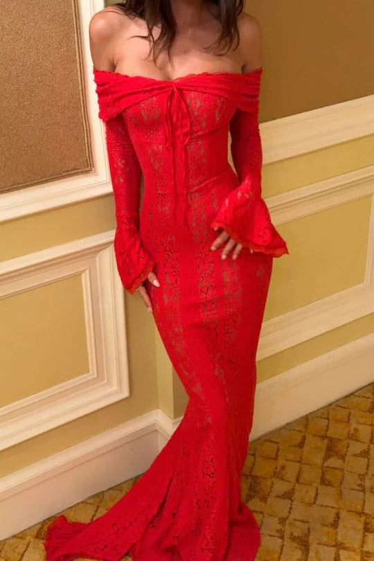 Elegant Off The Shoulder Long Sleeve Lace Detail Flounce Cuff Mermaid Maxi Evening Dress With Train For Formal Evening Prom Wedding Guest Bridesmaid Cocktail Party Gala