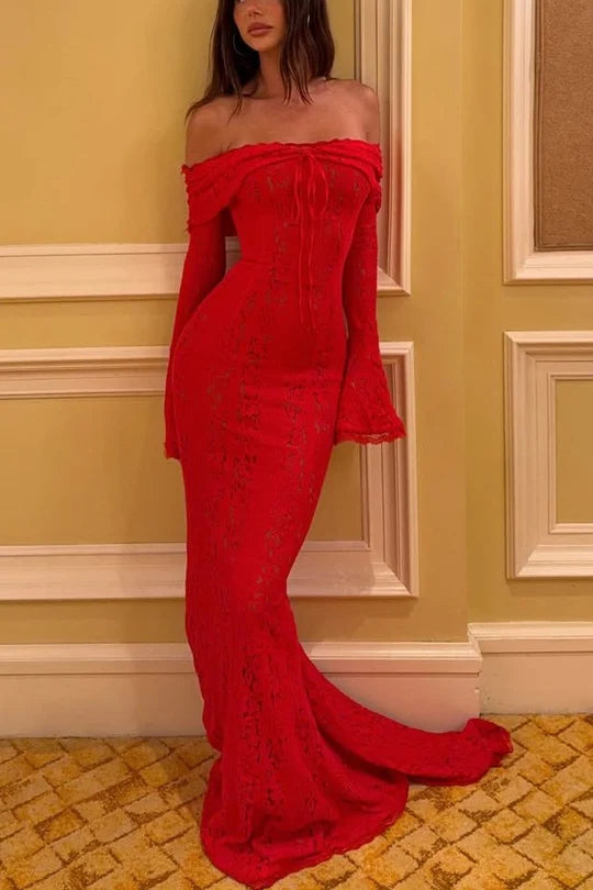 Elegant Off The Shoulder Long Sleeve Lace Detail Flounce Cuff Mermaid Maxi Evening Dress With Train For Formal Evening Prom Wedding Guest Bridesmaid Cocktail Party Gala