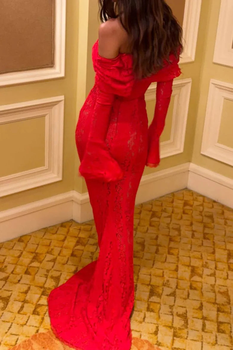 Elegant Off The Shoulder Long Sleeve Lace Detail Flounce Cuff Mermaid Maxi Evening Dress With Train For Formal Evening Prom Wedding Guest Bridesmaid Cocktail Party Gala