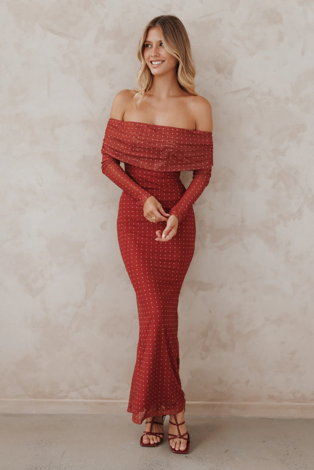 Elegant Off The Shoulder Long Sleeve Polka Dot Mesh Bodycon Maxi Prom Dress For Formal Evening Wedding Guest Bridesmaid Cocktail Party