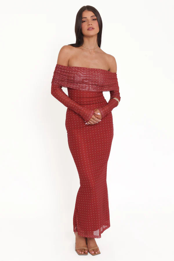 Elegant Off The Shoulder Long Sleeve Polka Dot Mesh Bodycon Maxi Prom Dress For Formal Evening Wedding Guest Bridesmaid Cocktail Party
