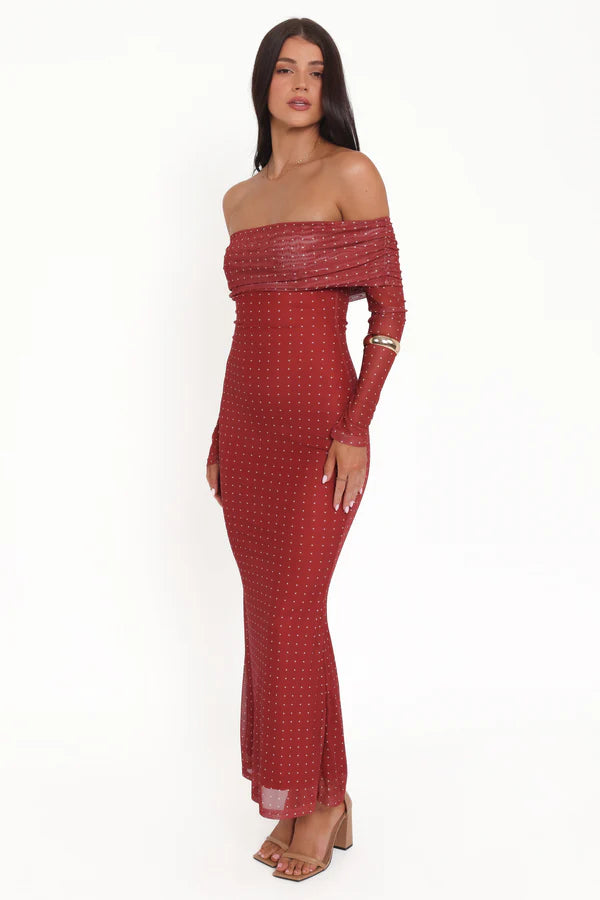 Elegant Off The Shoulder Long Sleeve Polka Dot Mesh Bodycon Maxi Prom Dress For Formal Evening Wedding Guest Bridesmaid Cocktail Party