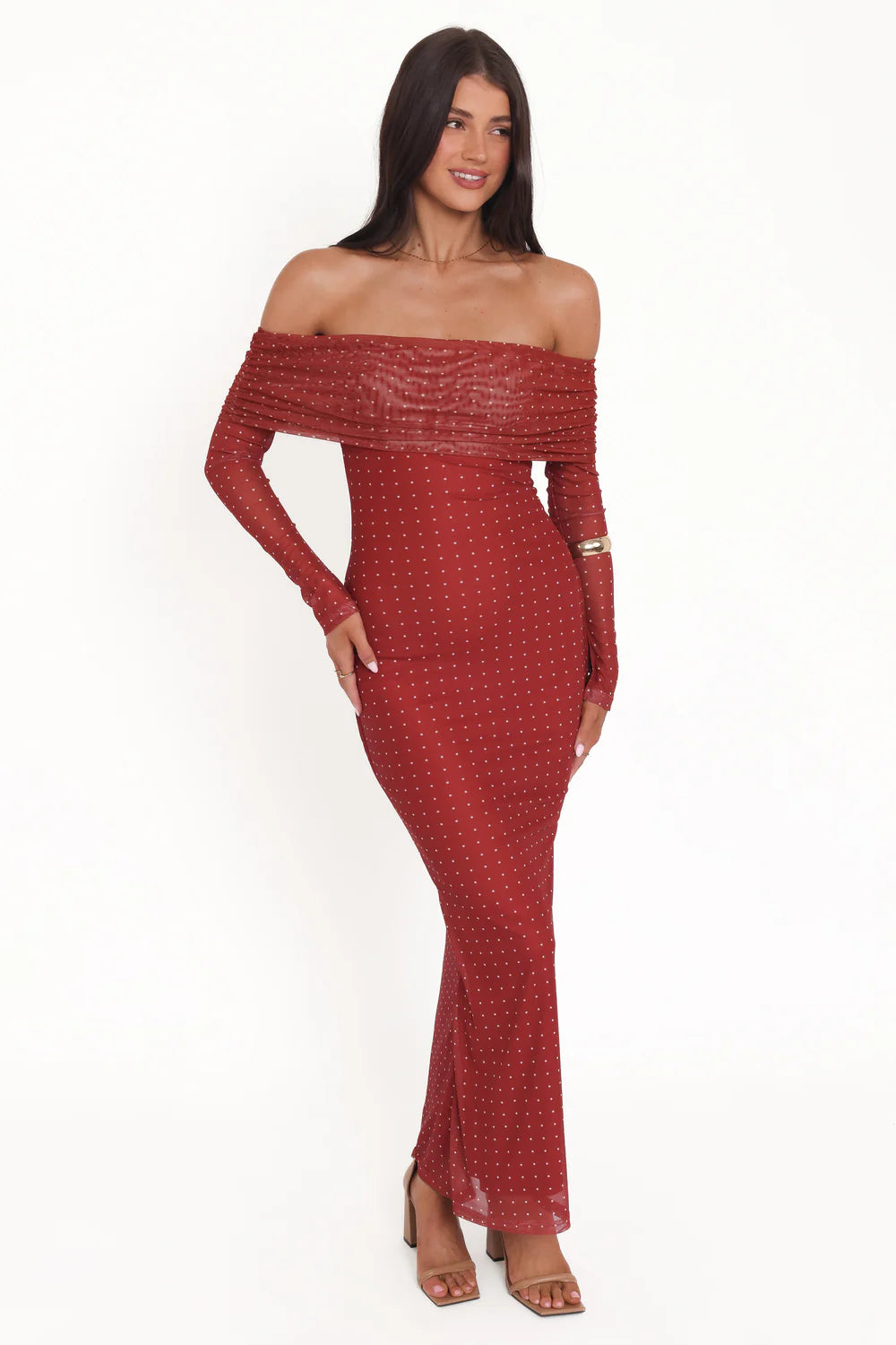 Elegant Off The Shoulder Long Sleeve Polka Dot Mesh Bodycon Maxi Prom Dress For Formal Evening Wedding Guest Bridesmaid Cocktail Party