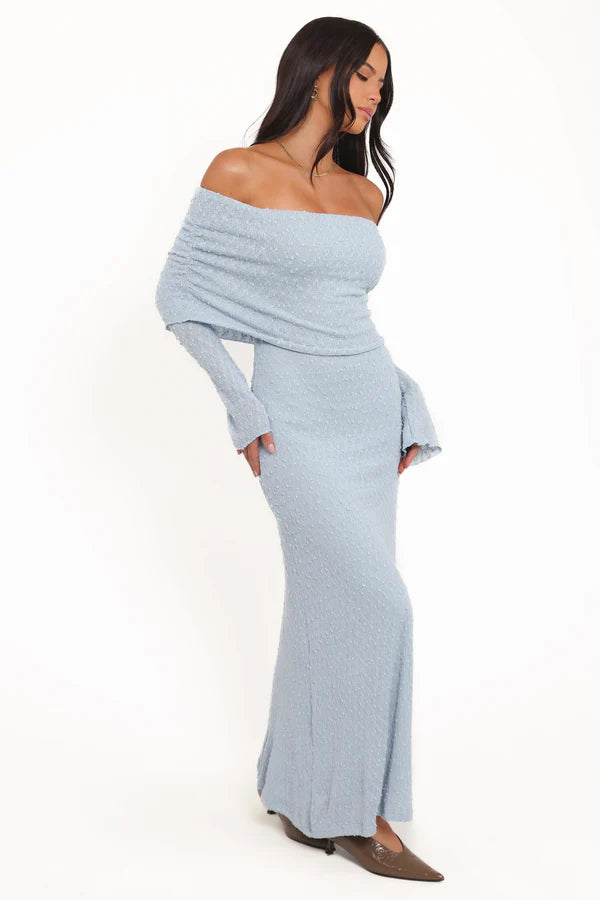 Elegant Off The Shoulder Long Sleeve Textured Knit Bodycon Maxi Prom Dress For Formal Evening Wedding Guest Bridesmaid Cocktail Party