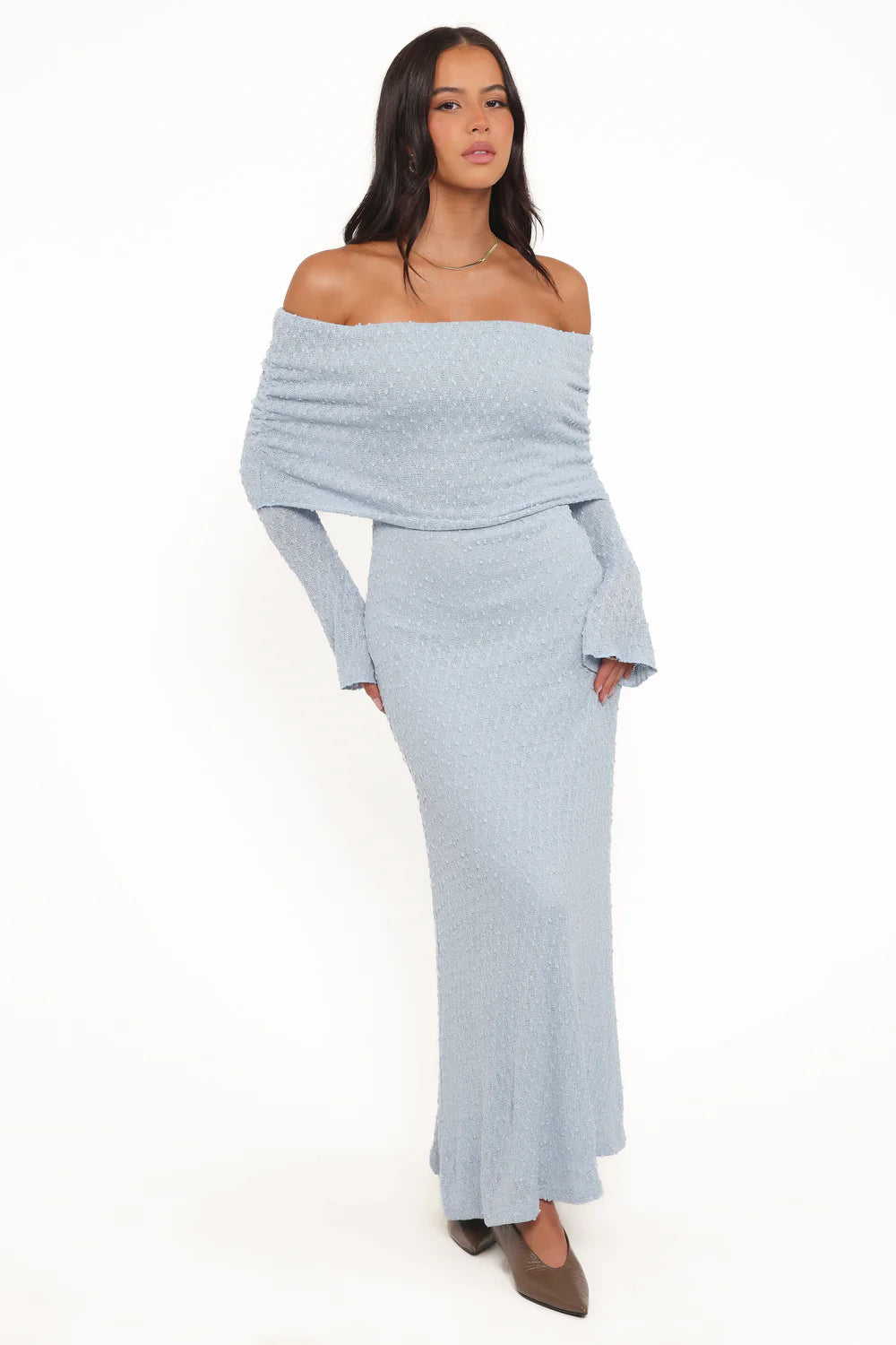 Elegant Off The Shoulder Long Sleeve Textured Knit Bodycon Maxi Prom Dress For Formal Evening Wedding Guest Bridesmaid Cocktail Party