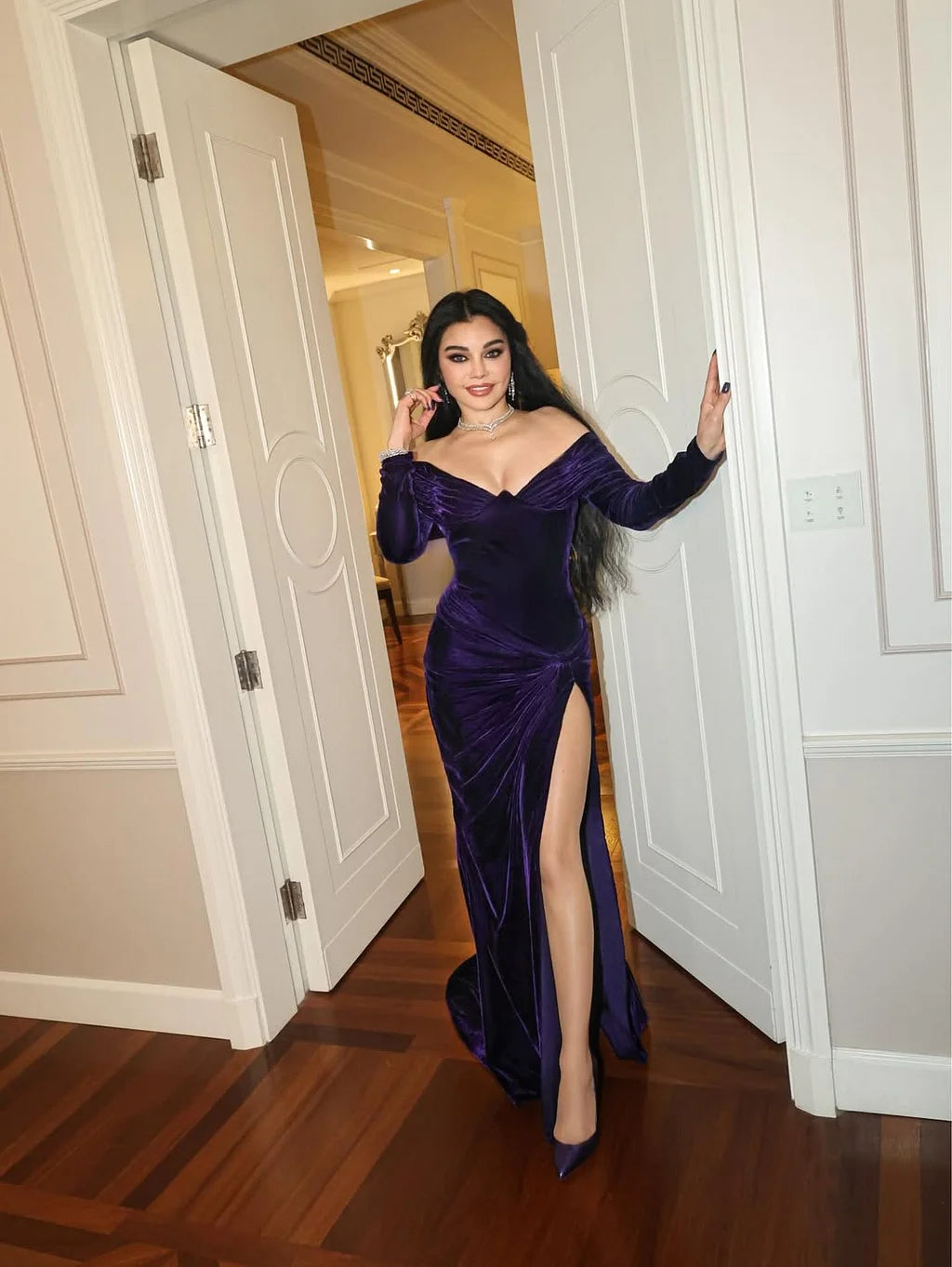 Elegant Off The Shoulder Long Sleeve Velvet Ruched Bodycon Maxi Prom Dress with High Slit