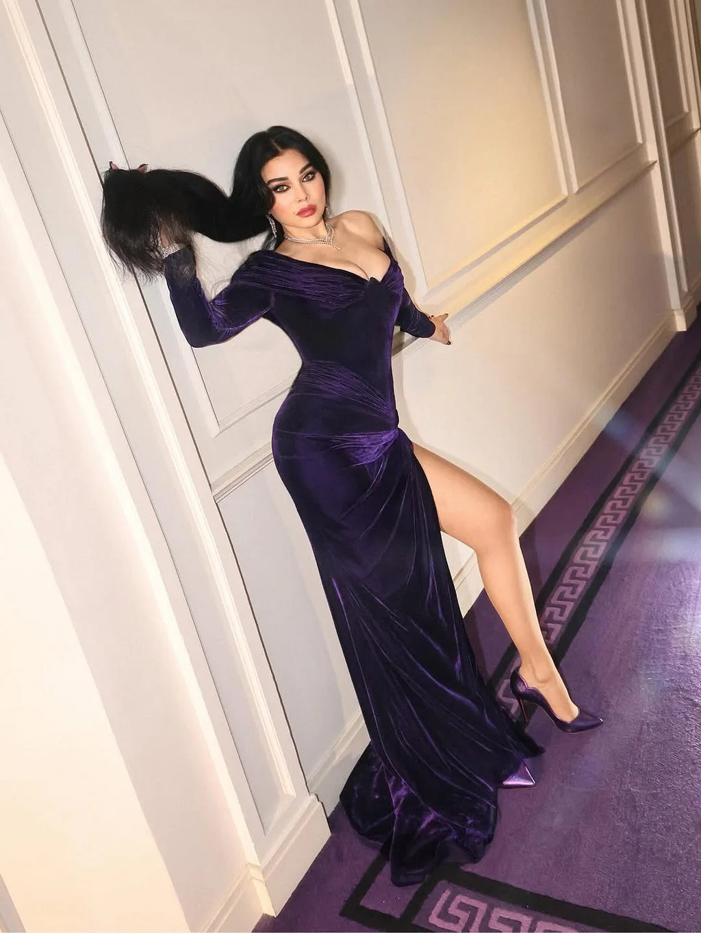 Elegant Off The Shoulder Long Sleeve Velvet Ruched Bodycon Maxi Prom Dress with High Slit