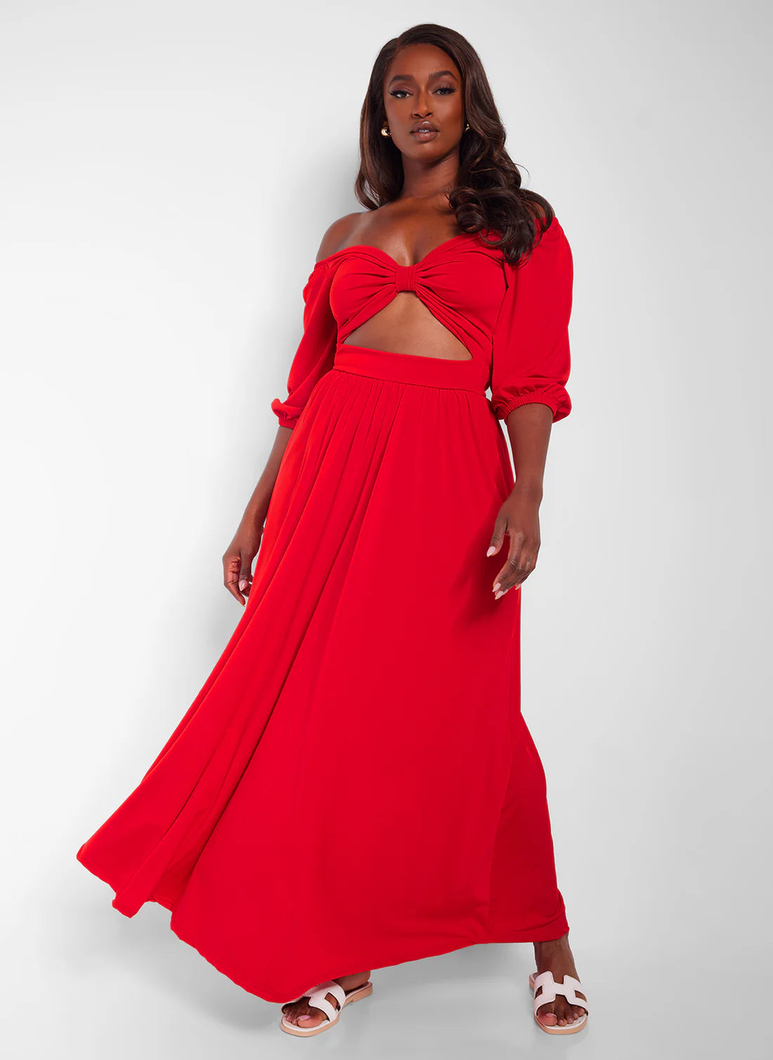 Elegant Off The Shoulder Puff Sleeve Cutout Front High Low Maxi Evening Dress