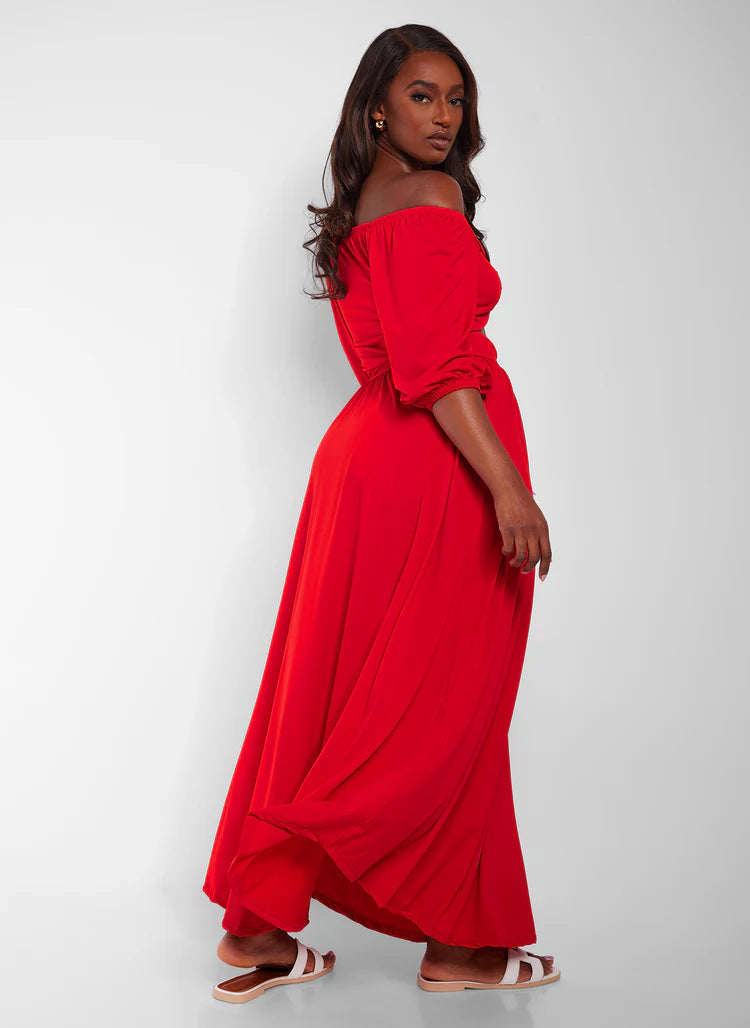Elegant Off The Shoulder Puff Sleeve Cutout Front High Low Maxi Evening Dress
