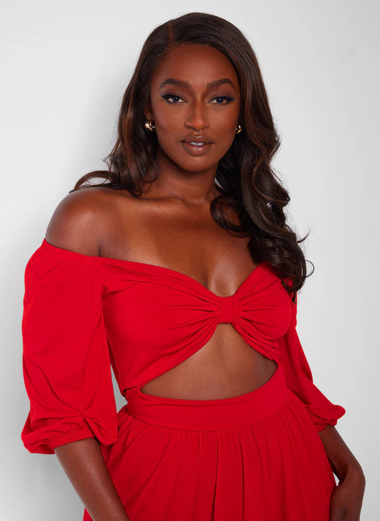 Elegant Off The Shoulder Puff Sleeve Cutout Front High Low Maxi Evening Dress
