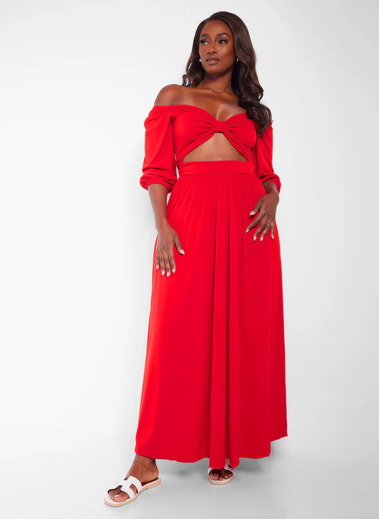Elegant Off The Shoulder Puff Sleeve Cutout Front High Low Maxi Evening Dress