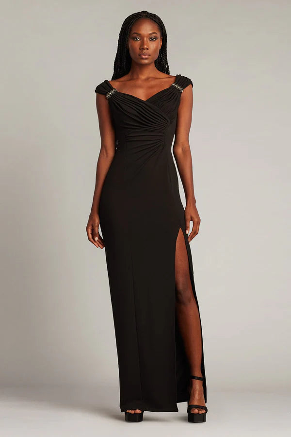 Elegant Off The Shoulder Ruched Bodice Rhinestone Detail Bodycon Maxi Prom Dress With Slit For Formal Evening Wedding Guest