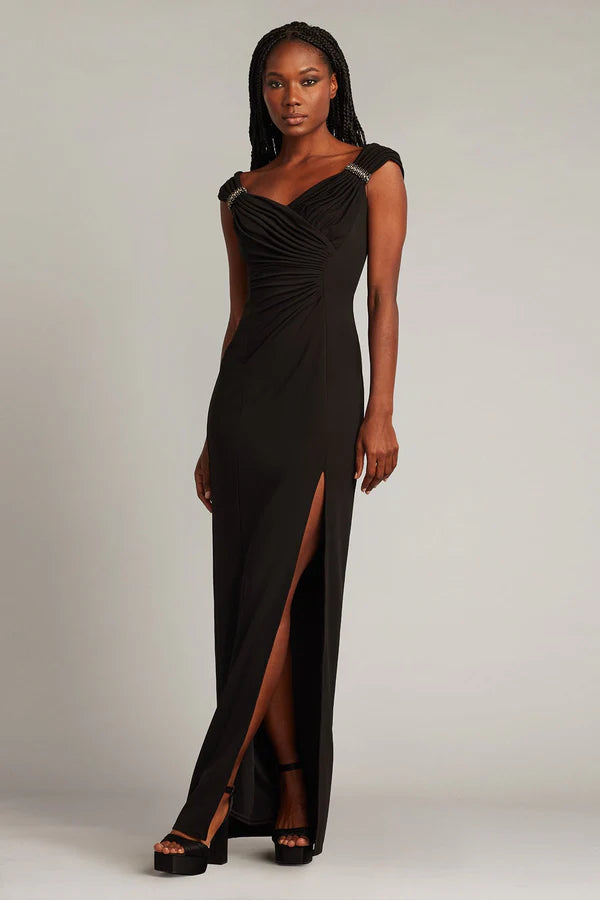 Elegant Off The Shoulder Ruched Bodice Rhinestone Detail Bodycon Maxi Prom Dress With Slit For Formal Evening Wedding Guest