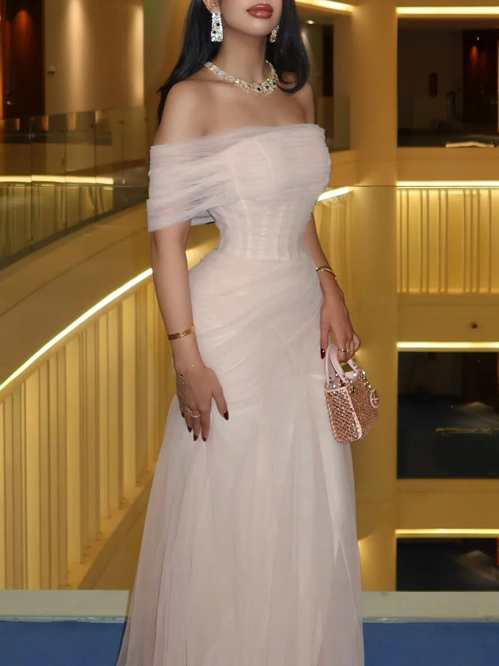 Elegant Off The Shoulder Ruched Tulle Corset Mermaid Maxi Prom Dress