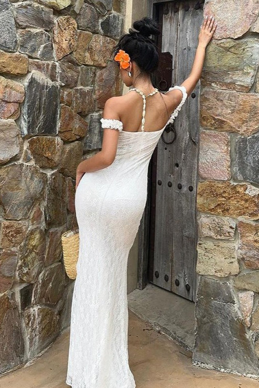 Elegant Off The Shoulder Ruffle Trim Lace Backless Bodycon Mermaid Maxi Prom Dress For Formal Evening Gala Wedding Guest Bridesmaid