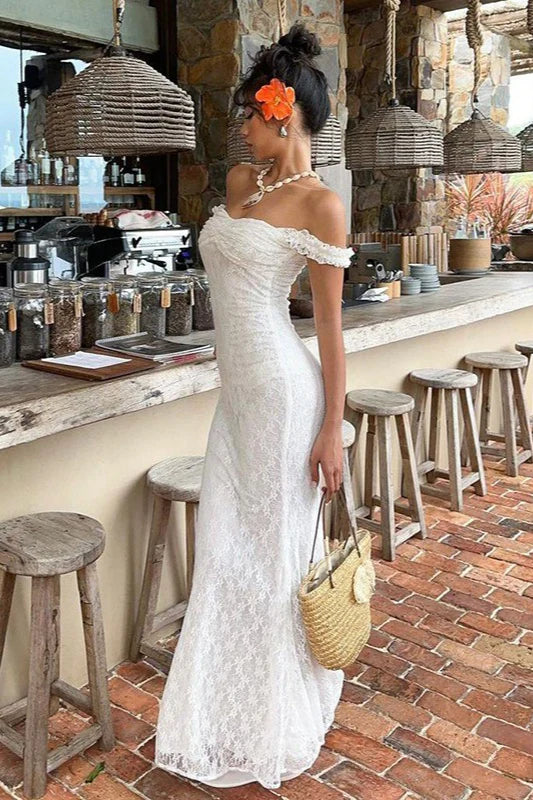 Elegant Off The Shoulder Ruffle Trim Lace Backless Bodycon Mermaid Maxi Prom Dress For Formal Evening Gala Wedding Guest Bridesmaid