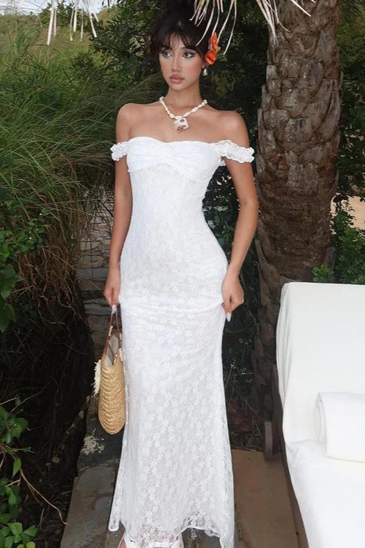 Elegant Off The Shoulder Ruffle Trim Lace Backless Bodycon Mermaid Maxi Prom Dress For Formal Evening Gala Wedding Guest Bridesmaid