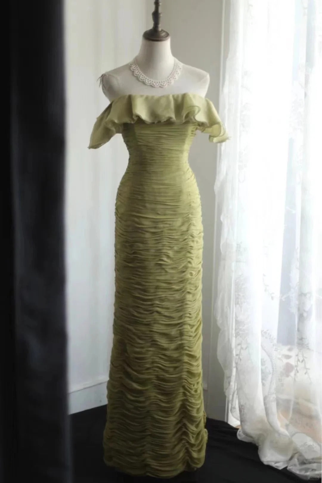 Elegant Off The Shoulder Ruffle Trim Ruched Bodycon Maxi Evening Dress