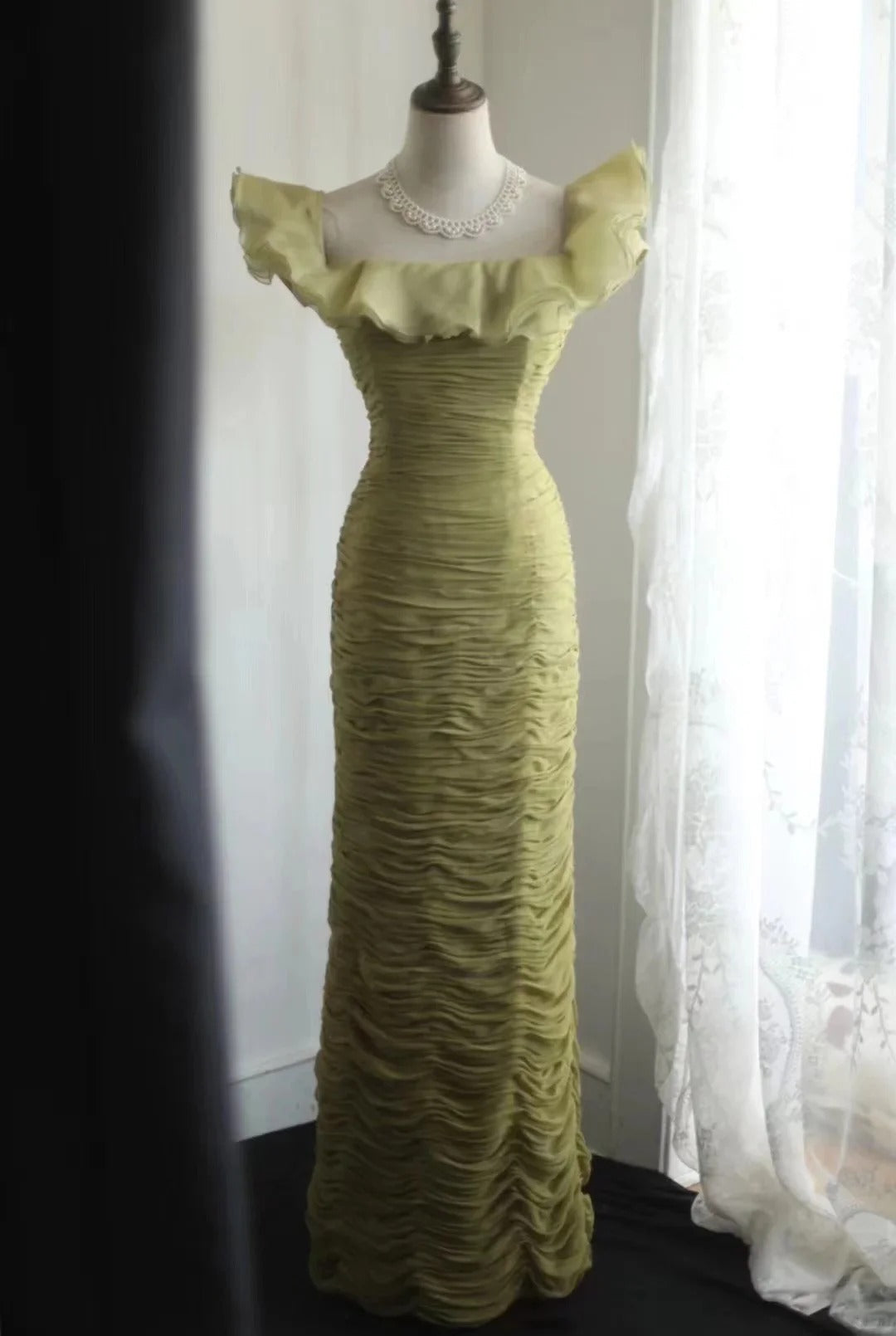 Elegant Off The Shoulder Ruffle Trim Ruched Bodycon Maxi Evening Dress