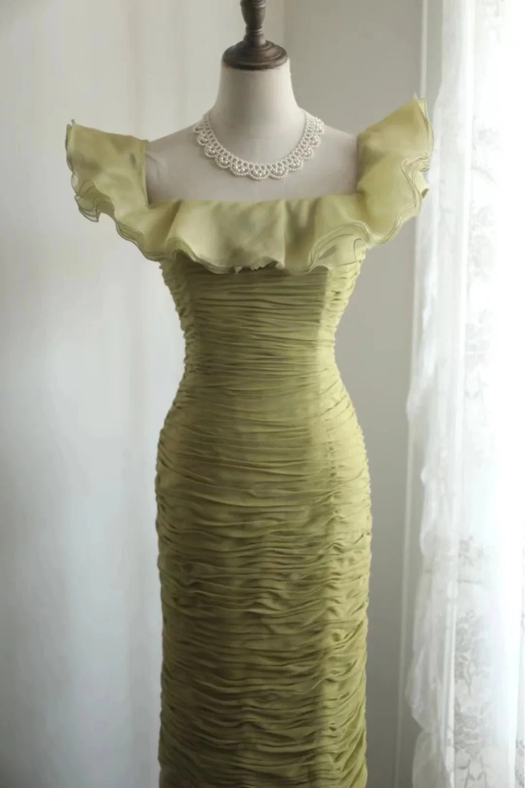 Elegant Off The Shoulder Ruffle Trim Ruched Bodycon Maxi Evening Dress