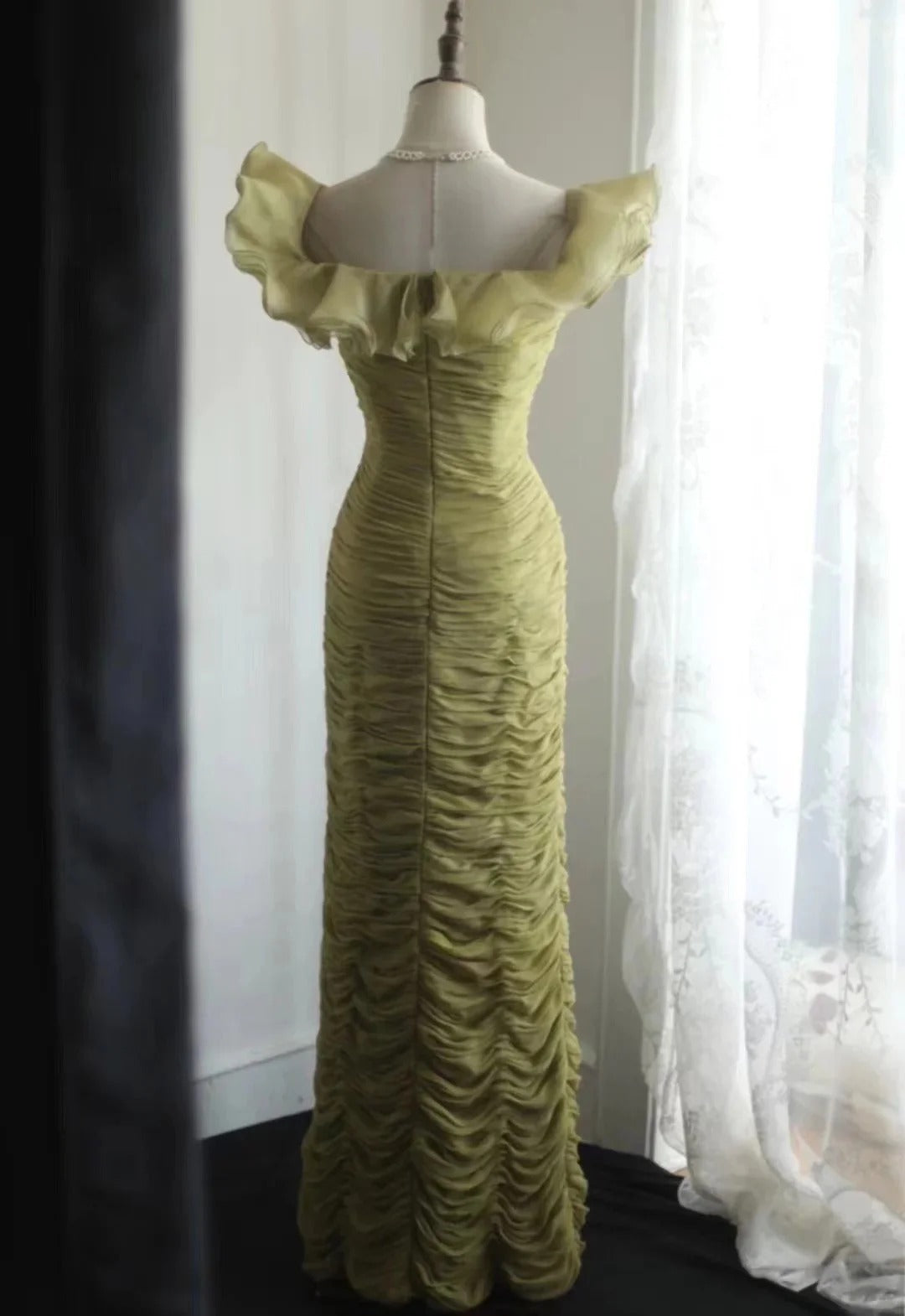 Elegant Off The Shoulder Ruffle Trim Ruched Bodycon Maxi Evening Dress