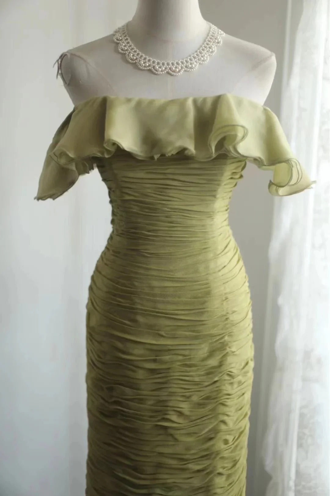 Elegant Off The Shoulder Ruffle Trim Ruched Bodycon Maxi Evening Dress