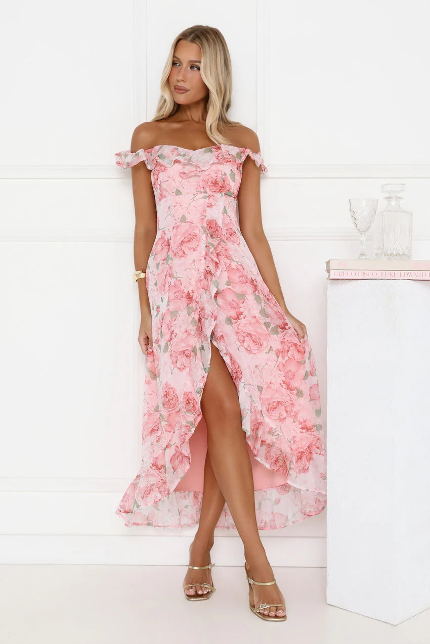 Elegant Off The Shoulder Ruffle Trim Smocked Back Floral Print High Slit Maxi Evening Dress For Formal Evening Prom Wedding Guest Bridesmaid Cocktail Party Gala
