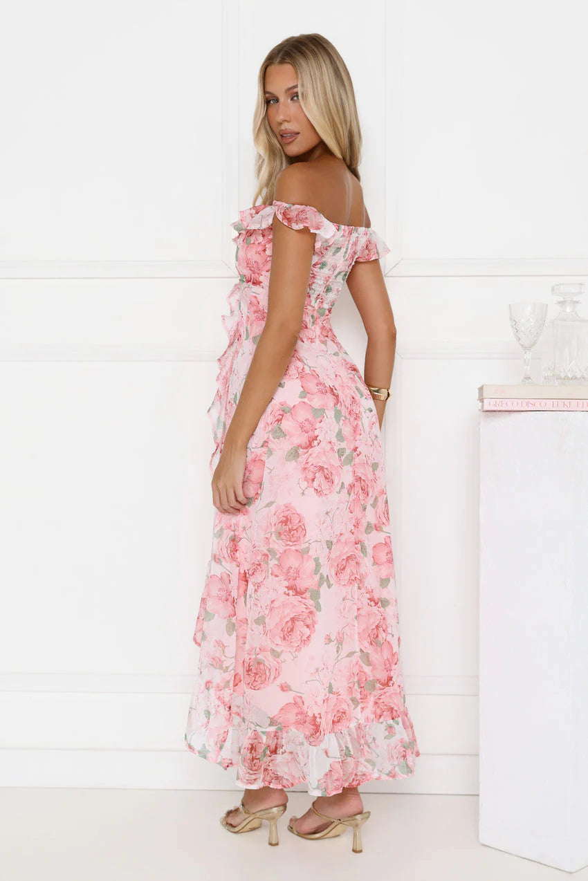 Elegant Off The Shoulder Ruffle Trim Smocked Back Floral Print High Slit Maxi Evening Dress For Formal Evening Prom Wedding Guest Bridesmaid Cocktail Party Gala