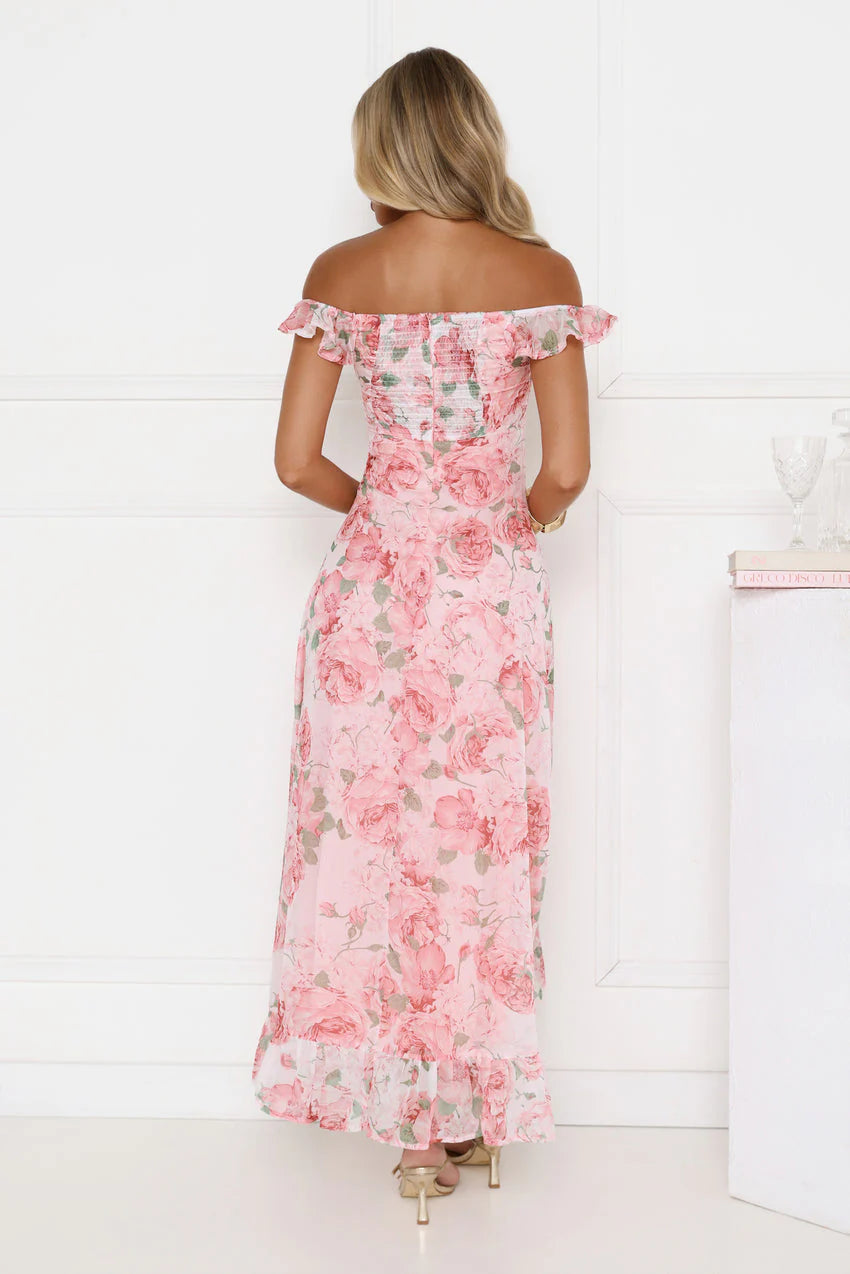 Elegant Off The Shoulder Ruffle Trim Smocked Back Floral Print High Slit Maxi Evening Dress For Formal Evening Prom Wedding Guest Bridesmaid Cocktail Party Gala
