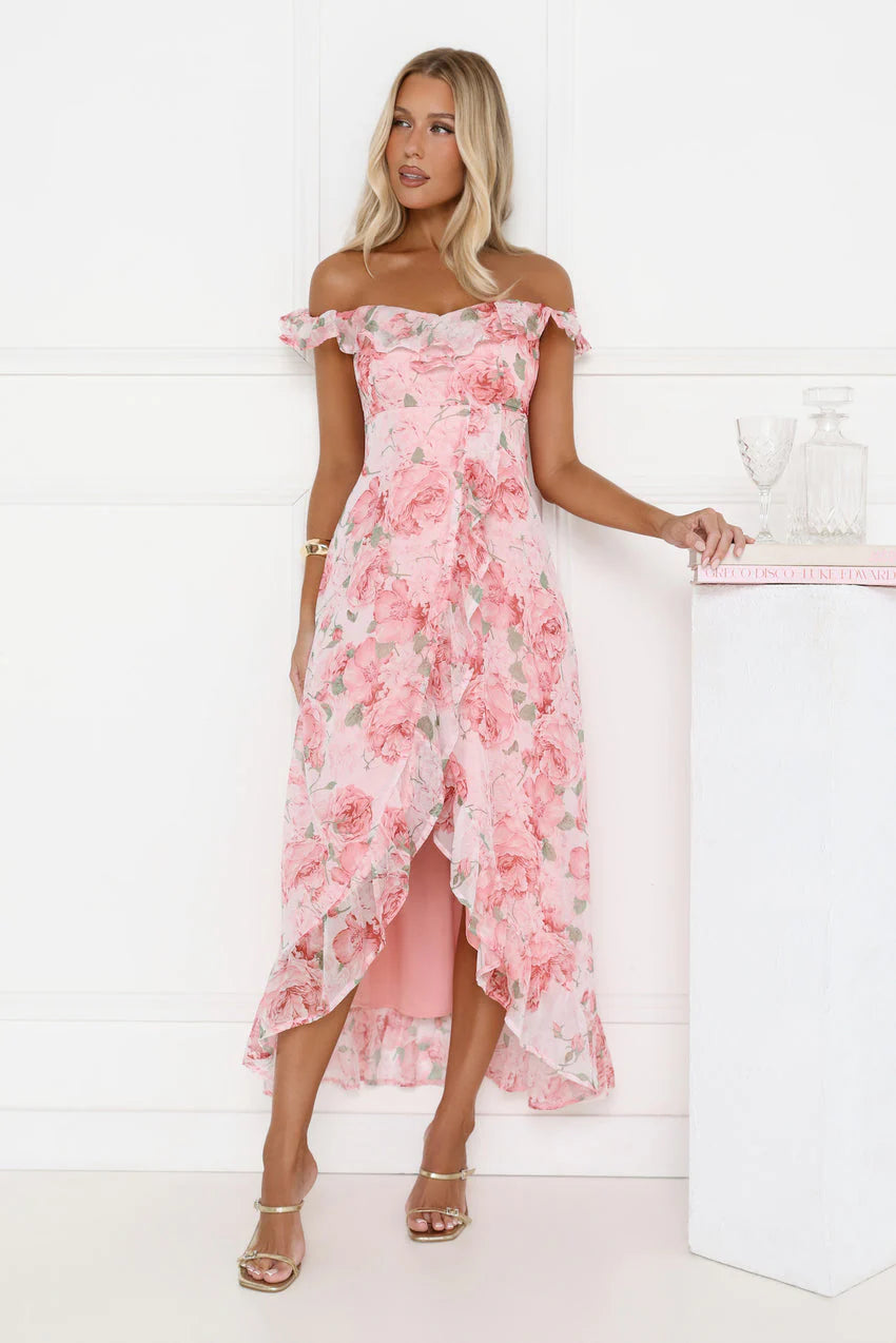 Elegant Off The Shoulder Ruffle Trim Smocked Back Floral Print High Slit Maxi Evening Dress For Formal Evening Prom Wedding Guest Bridesmaid Cocktail Party Gala